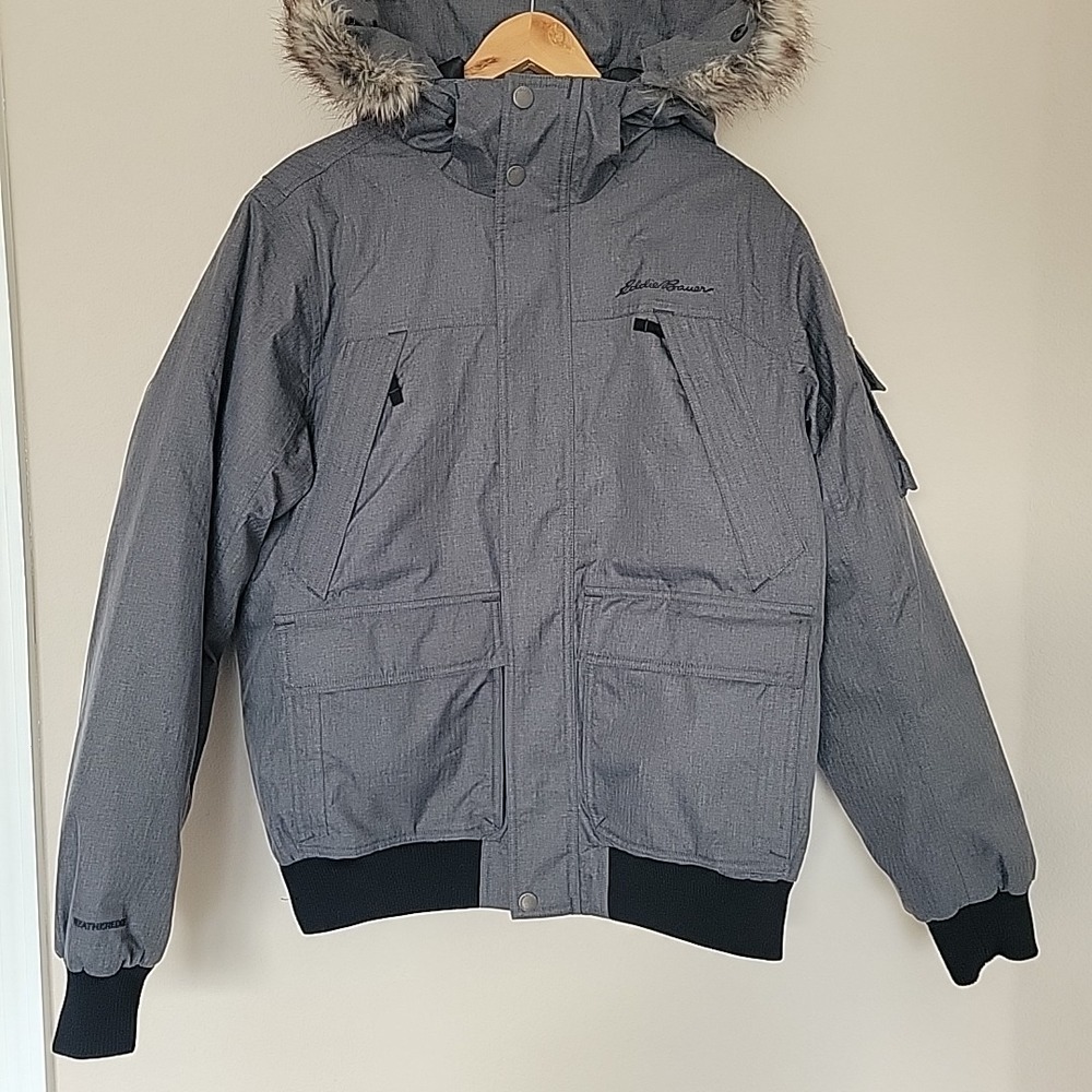 Eddie Bauer Superior Goose Down Mens Parka Sz M WeatherEdge Jacket Faux Fur Gray
